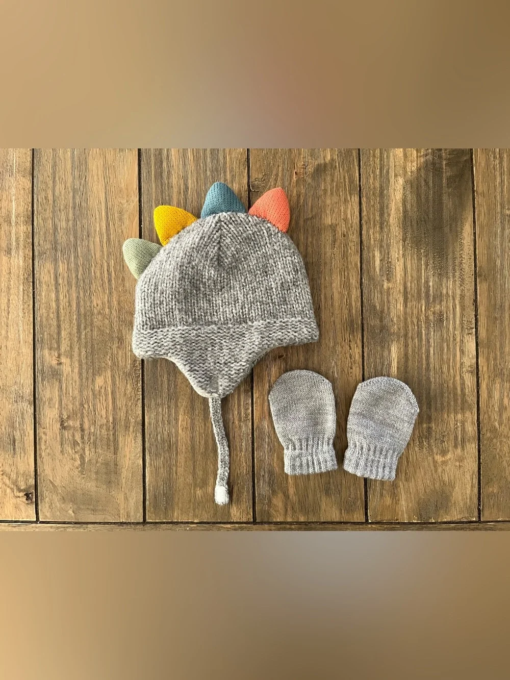 Target Gray Knit Dino Earflap Hat Colorful Spikes and Matching Mittens 0-6mo